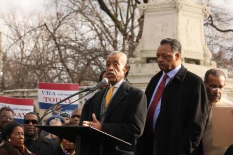 The Rev. Al Sharpton,left,speaks to protesters outside the Supreme Court alongside The Rev. Jesse Jackson on Wednesday. The NAACP and other civil rights groups fear the repeal of Section 5 of the 1965 Voting Rights Act would undo decades of racial inclusion measures at the polls. Photo by Ian Kullgren, SHFWire.
