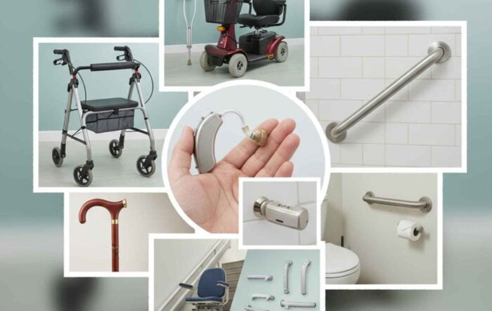 collage of mobility aids and safety devices, including a walker, hearing aid, scooter, grab bars, stair lift, and cane, suggesting independence and support