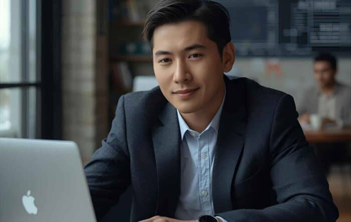 a man in a suit smiles confidently while sitting at a laptop in a cozy café. The background is softly blurred, conveying a professional mood
