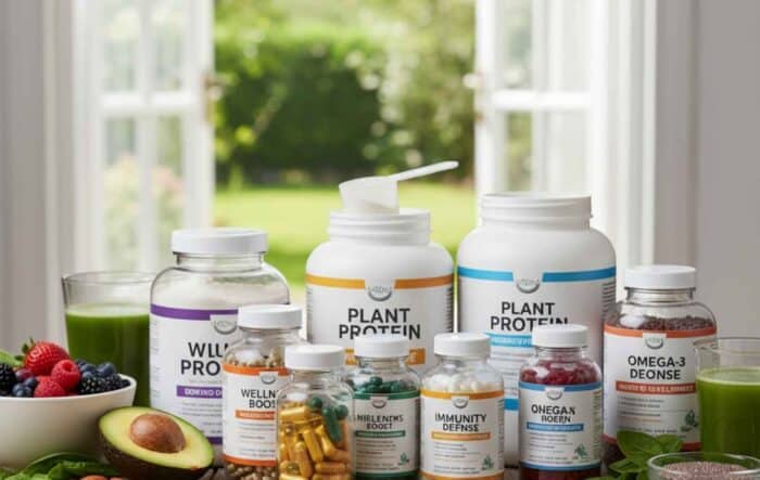 a variety of colorful vitamin and supplement bottles on a table, highlighting diverse health products for wellness