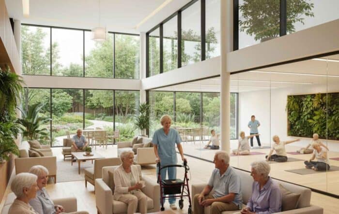a spacious, well-lit senior living area features seniors engaging in social activities and yoga. Large windows highlight a lush garden view, creating a serene atmosphere