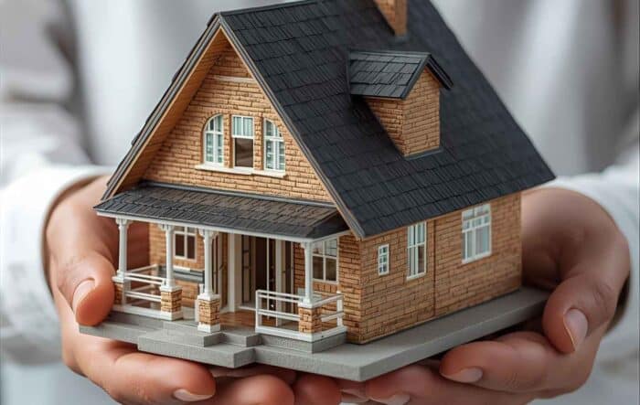 Hands gently hold a detailed model of a brick house with a dark roof and porch, symbolizing protection and care. The tone is warm and reassuring.