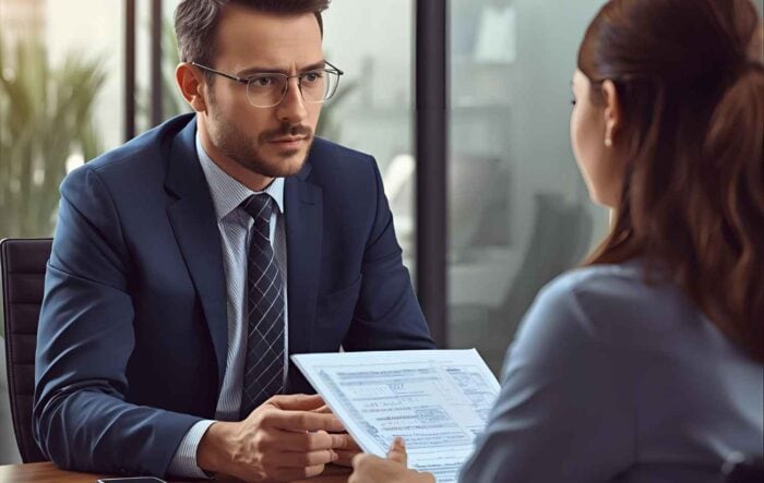 A man in a suit and glasses listens intently to a woman holding documents during a meeting in a modern office, conveying a focused and professional tone.