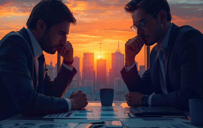 two men in suits sit thoughtfully at a table, silhouetted against a vibrant sunset over a city skyline. The scene is contemplative and serious