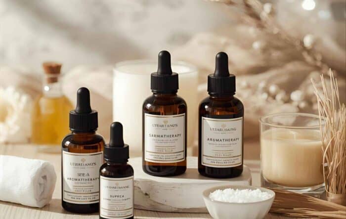 amber glass aromatherapy bottles with candles, bath salts, and spa accessories arranged on a wooden surface.