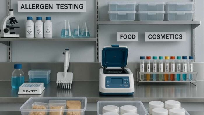Laboratorio con microscopio, placas de prueba ELISA y tubos de ensayo para análisis de alérgenos en alimentos y cosméticos.