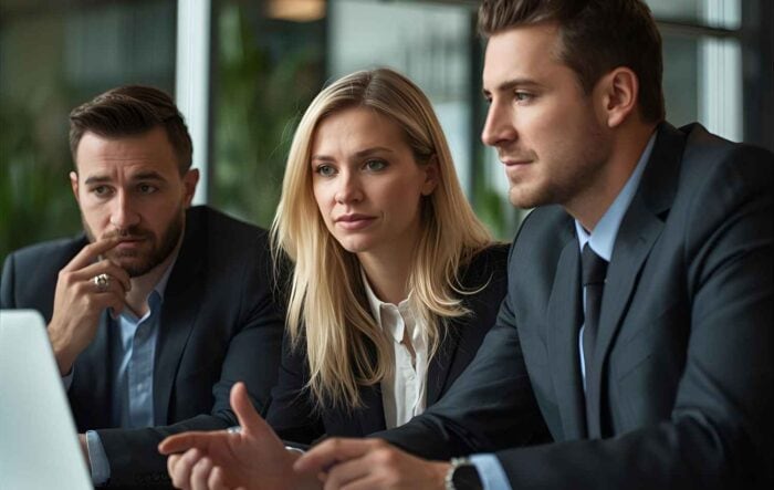 three professionals in business attire focus intently on a laptop screen in a modern office setting, conveying concentration and teamwork