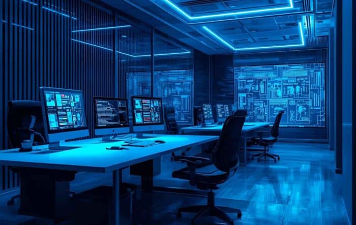 a sophisticated IT operations center with many computer workstations, blazing blue displays displaying data, and network security dashboards showcasing advanced company technology and digital infrastructure