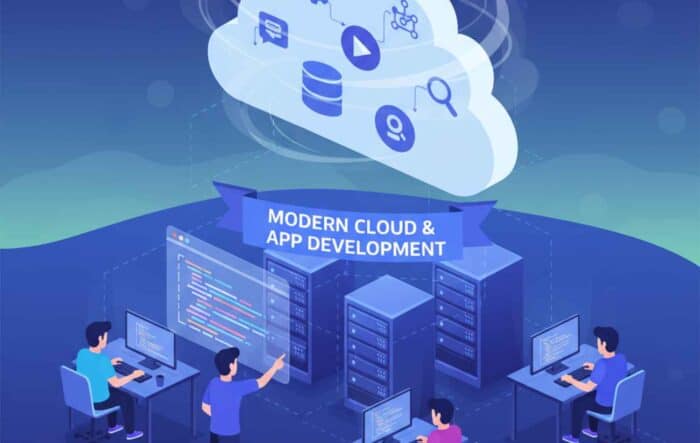 cloud and app developers use servers and data symbols in a digital world.