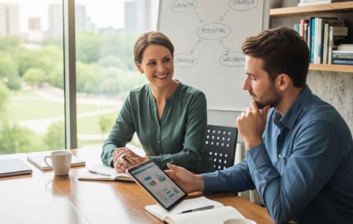 two colleagues in a meeting room discuss work. One holds a tablet showing charts. A whiteboard with a flowchart is behind them. Both appear engaged and focused