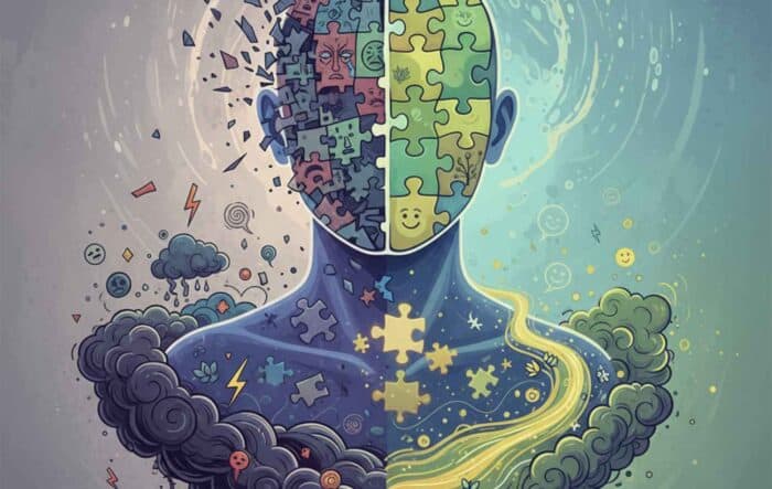 an abstract image of a human figure with a puzzle piece face split into two contrasting sides. The left side is dark with storm clouds; the right is bright with smiling faces, conveying a theme of emotional duality