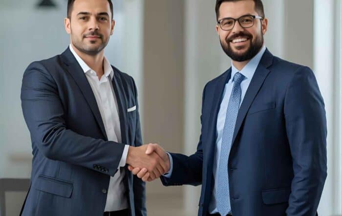 two men in business suits shake hands, smiling confidently in a bright office setting, conveying a professional and positive atmosphere