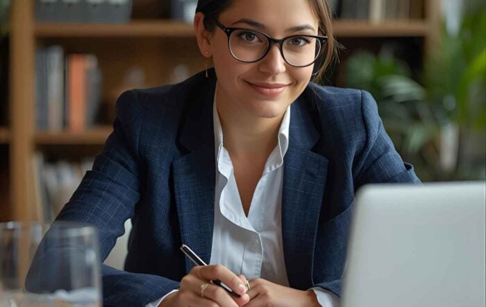 Smiling woman in glasses and navy blazer, holding a pen, sits confidently at a desk with a laptop. Shelves and plants in the background enhance a professional atmosphere.