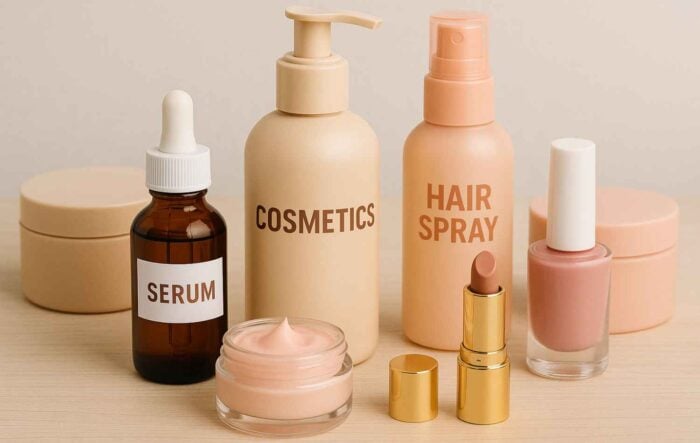 a collection of beauty products on a wooden surface, including serum, lotion, hair spray, face cream, lipstick, and nail polish, all in neutral tones