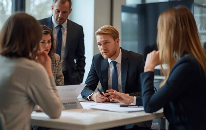 a group of professionals in business attire engaged in a serious meeting around a table. Papers and laptops are present, conveying a focused atmosphere