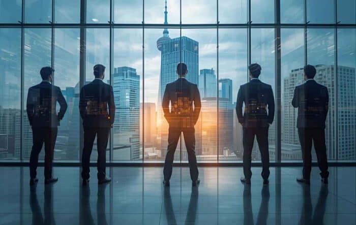 Five silhouetted businessmen stand in an office, facing a city skyline. Sunlight filters through floor-to-ceiling windows, creating a professional and optimistic atmosphere.