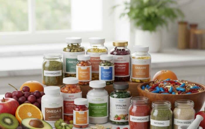 different types of supplement bottles and natural herbs arranged on a table, illustrating the distinction between vitamins, minerals, and herbal supplements and their medical benefits