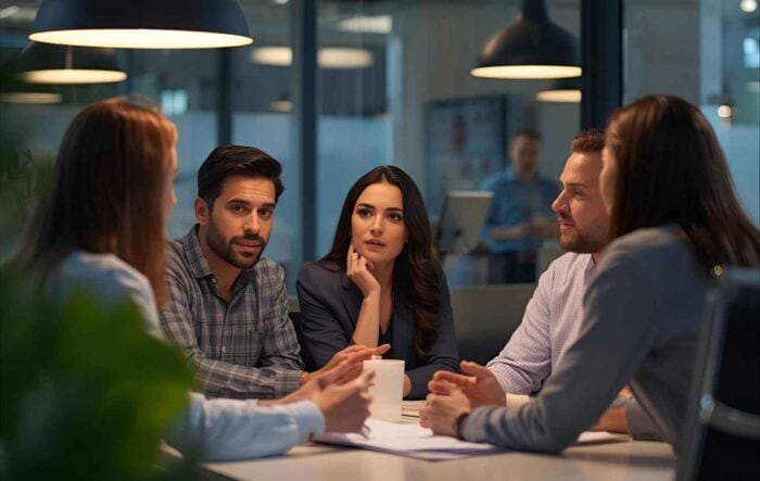 A group of five people sit around a table in a modern office, engaged in a focused discussion. They exhibit attentive and thoughtful expressions.
