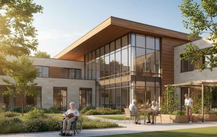 a modern senior living facility with large windows and wooden accents. Elderly people relax outside, reading and playing chess, exuding calm and contentment