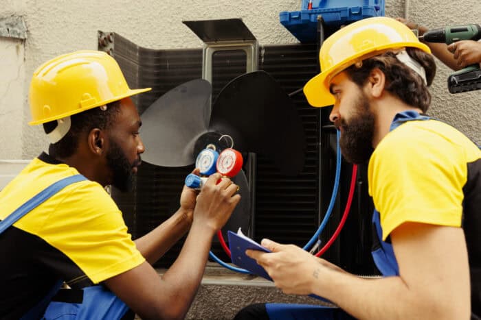 Two workers in yellow helmets and uniforms fix an air conditioning unit. One holds gauges, the other a clipboard. They appear focused and collaborative.