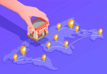 Profit Differences: Why Two Franchise Locations Can Have Vastly Different Profit Margins Illustration of a hand placing a red food truck on a purple world map, with orange location pins and connecting routes suggesting global delivery.